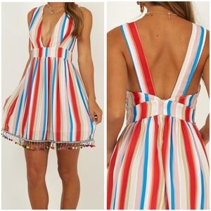 NWT Showpo Surrender To The Night Mini Dress, Rainbow Stripes, Pom Hem, Size 2.